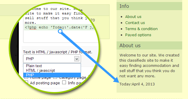 PHP mode for text widget in ClassiBase classifieds script