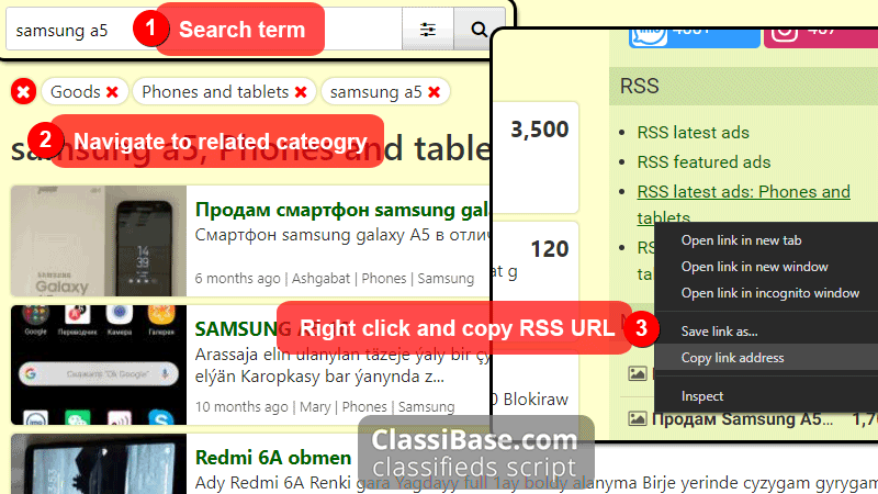 Make search and copy custom RSS feed URL from side widget.