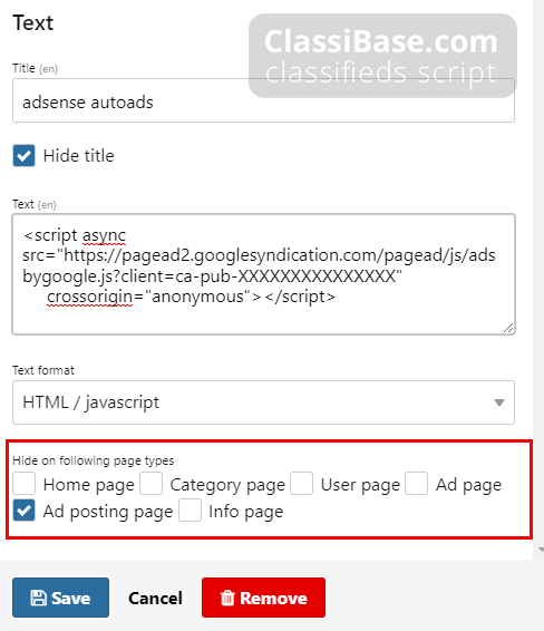 Do not place AdSense code on curtain page types in classifieds website. For example do not put AdSense on ad posting pages.