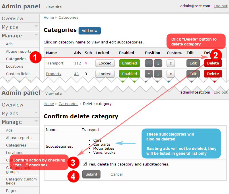How to delete categories. Select category and confirm on next page. 