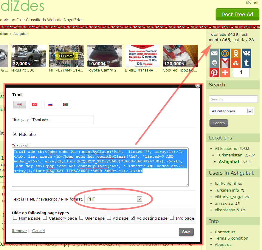 Display total number of ads with custom PHP code inside sidebar widget on classifieds website.