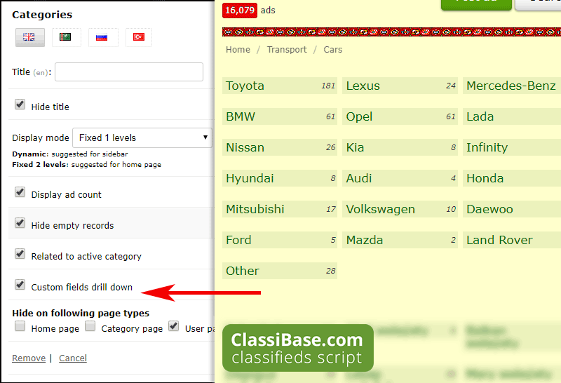 Custom field drill down with ad count in categories widget with Classibase 1.9
