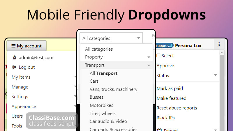 classifieds script with mobile friendly dropdowns